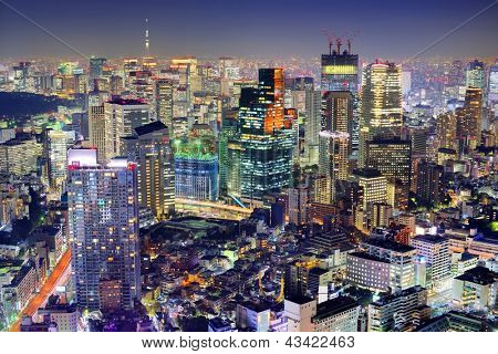 在与东京天空树在地平线上可见日本东京港区的密集建筑群.