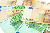 stock photo of currency  - Euro banknotes close - JPG 