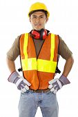 foto of construction worker  - Stock image of male construction worker standing confident isolated on white background - JPG 