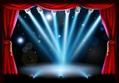 foto of stage  - Stage background illustration with blue stage spot lights pointing to the centre of the stage and red curtain frame - JPG 