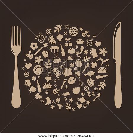 Picture or Photo of Restaurant Icons In Form Of Sphere With Plug And Knife, Vector Illustration