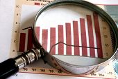 stock photo of shareholders  - a magnifying glass focusing on a chart in the business section of the newspaper - JPG 