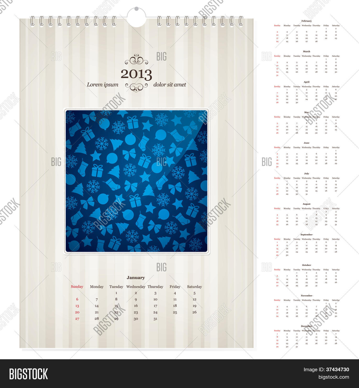 Vector 2013 looseleaf calendar template. With sample picture Stock