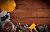 stock photo of construction  - Construction instrument on wood background with copy space - JPG 