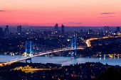 stock photo of bridge  - Istanbul Bosporus Bridge view on beautiful sunset - JPG 
