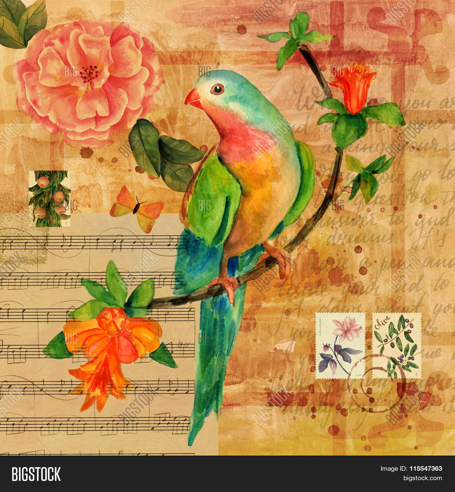 Vintage Collage With Sheet Music, Butterfly, Bird, Rose Et Vintage Collage With Sheet Music, Butterfly, Bird, Rose Et