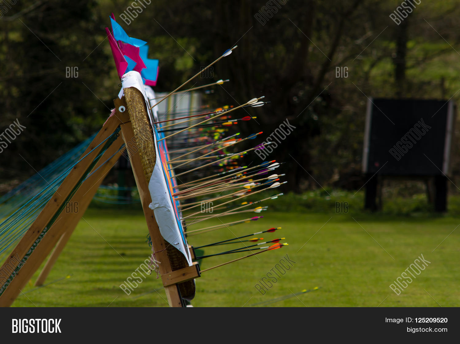 Arrows embedded in row of archery targets. Arrows sticking out from
