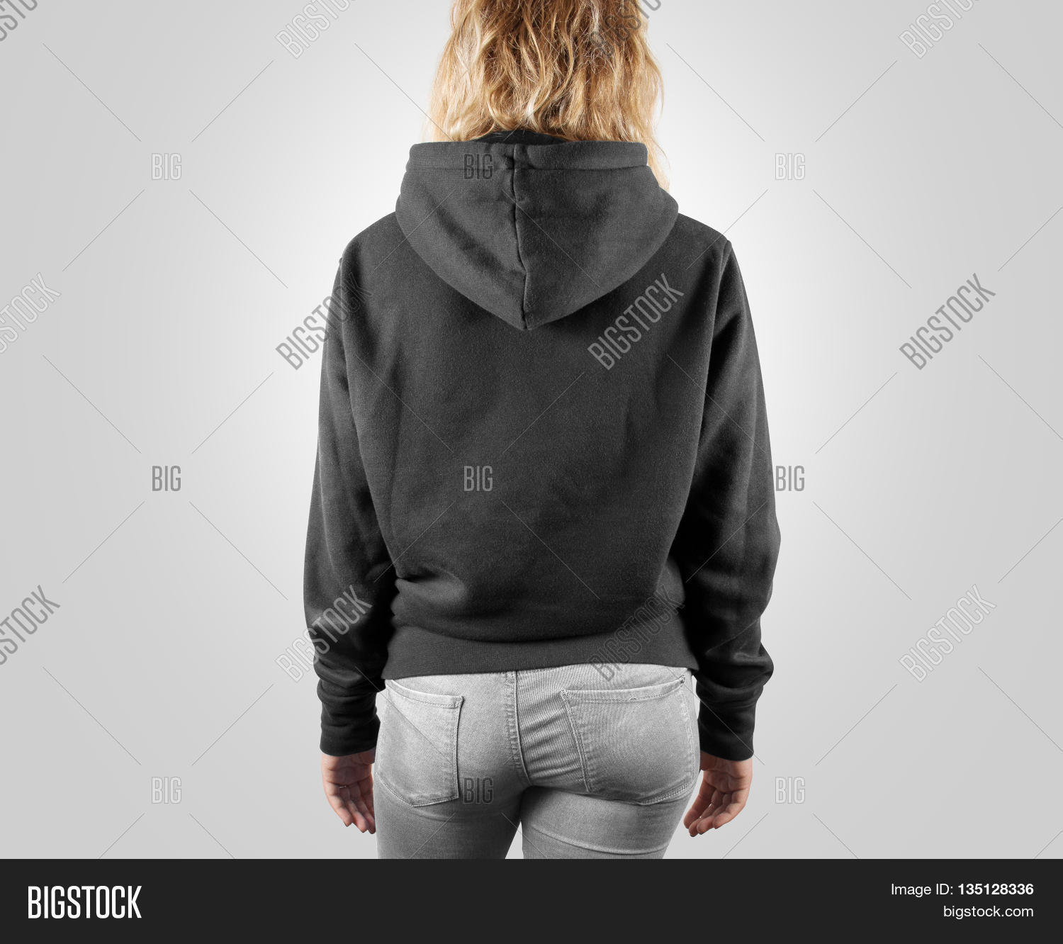 Blank black sweatshirt mock up back side view, isolated. Female wear