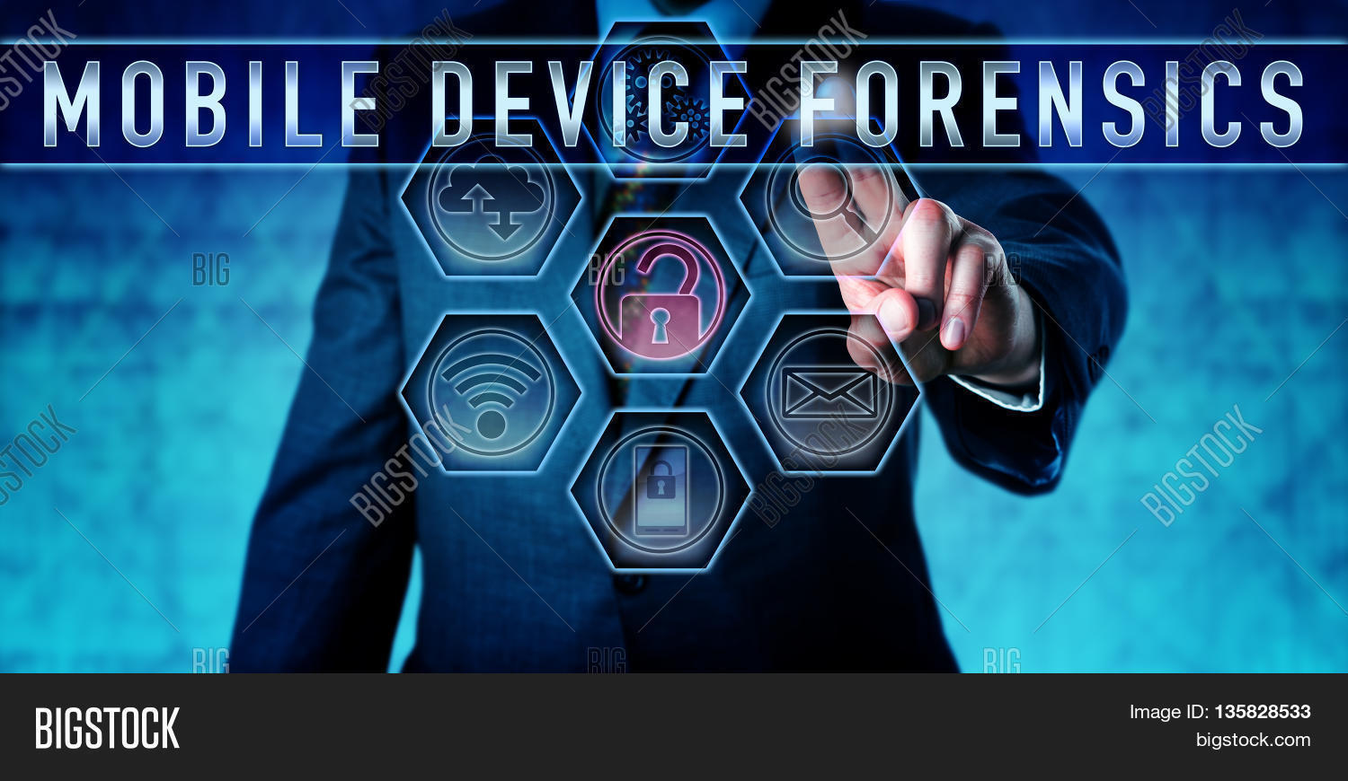 Examiner pressing MOBILE DEVICE FORENSICS on an interactive touch