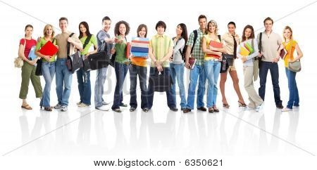 Picture or Photo of Large group of smiling students. Isolated over white background
