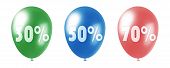 stock photo of percentage  - set of three balloons of red green and blue colors with big discount percentage inscriptions on them - JPG 
