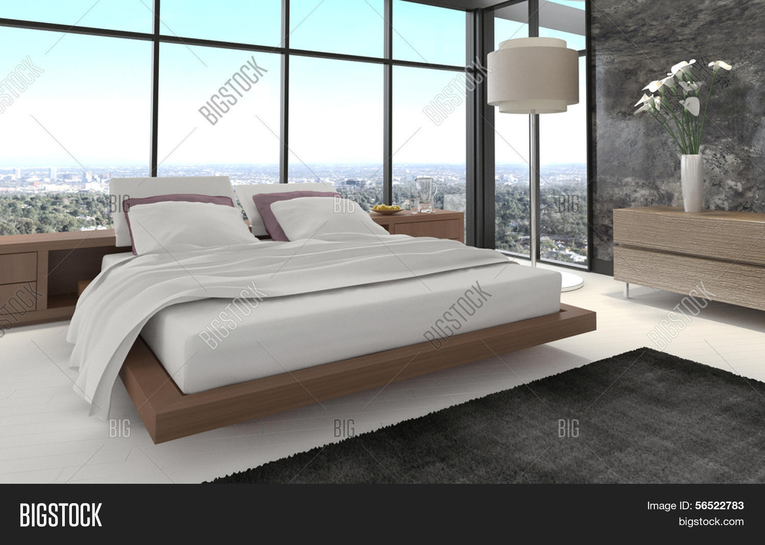 Rendu 3d de la chambre à coucher moderne doté de grandes baies ...