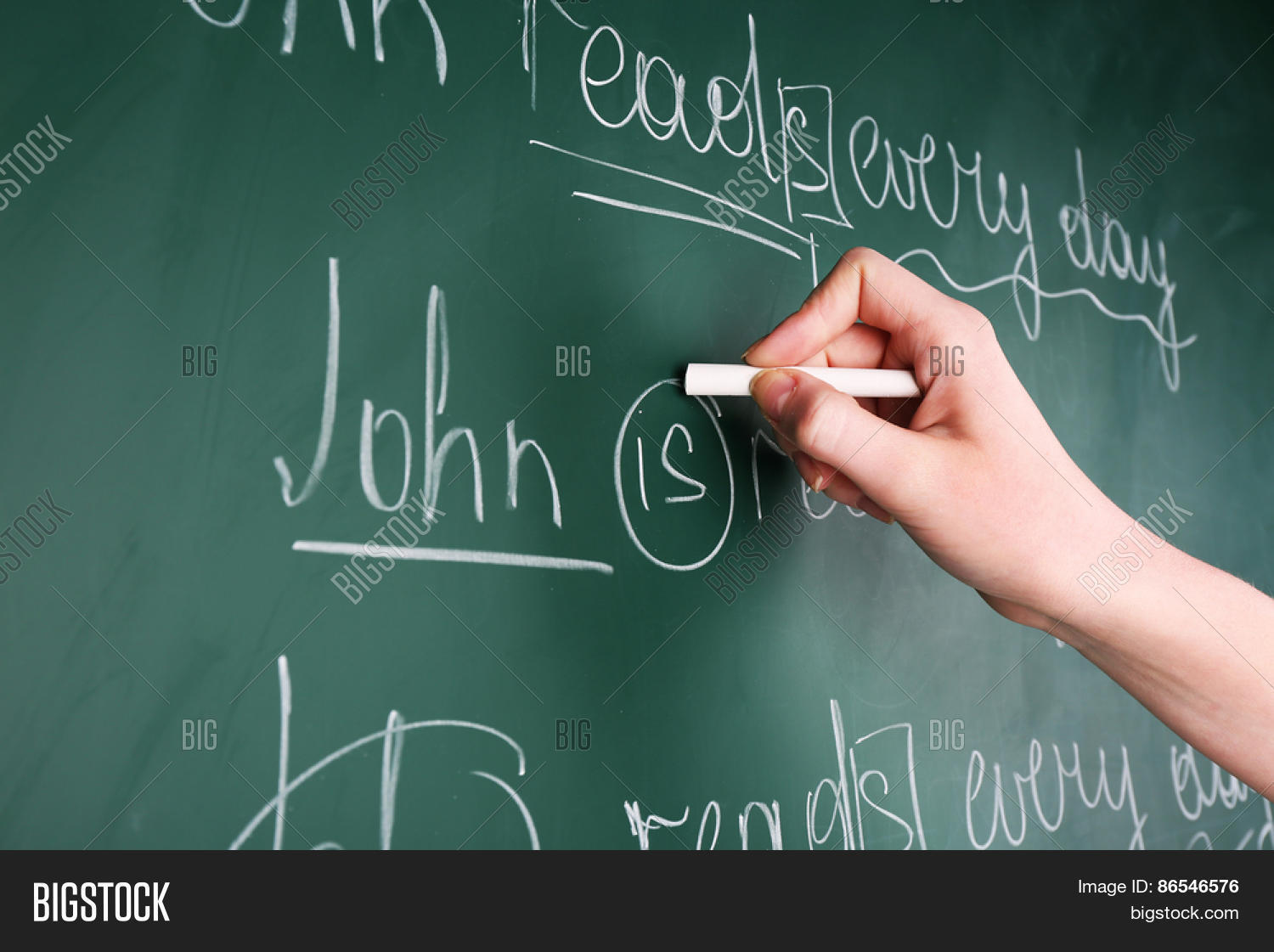 Teacher hand writing grammar sentences on blackboard background Stock