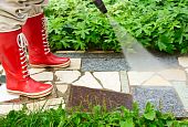 picture of pressure  - Person in red gumboots cleaning garden alley with a pressure washer - JPG 