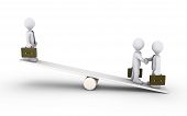 image of seesaw  - Two 3d businessmen agree and another is high on a seesaw - JPG 