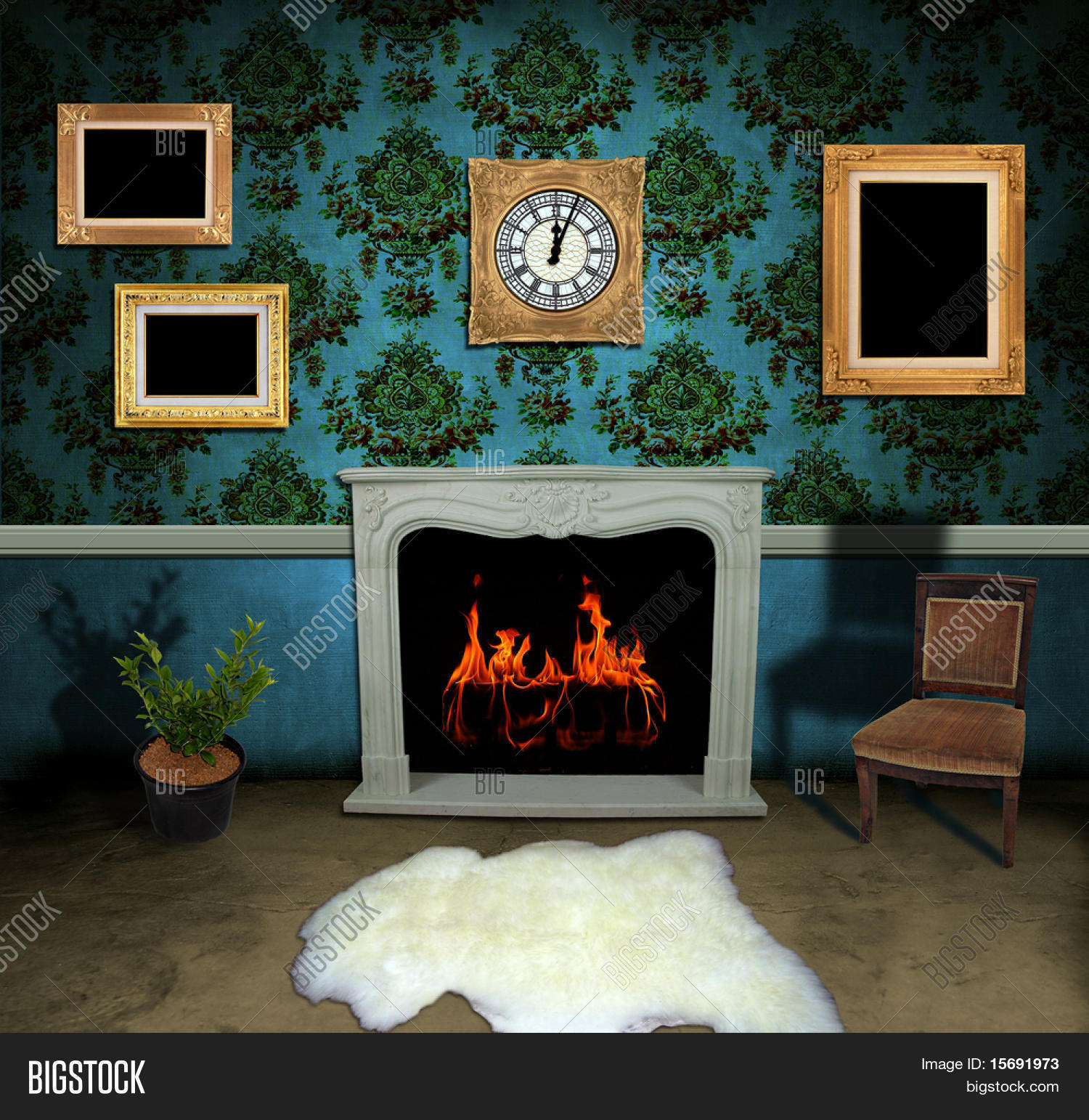 Dark Antique Living Room With Empty Frames On Vintage Wallpaper Dark Antique Living Room With Empty Frames On Vintage Wallpaper