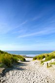 stock photo of beach  - beach with sand dunes and a path to the sea - JPG 