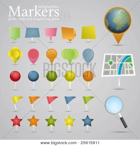Picture or Photo of Markers, globe, map and magnifying glass. Icon set.