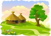 picture of hut  - African tribal huts and tree - JPG 