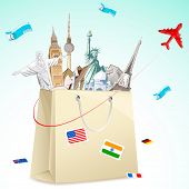 foto of wonder  - illustration of shopping bag full of famous monument with air ticket and airplane flying - JPG 