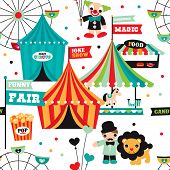 image of illustration  - Seamless kids circus fun fair illustration fabric background pattern in vector - JPG 