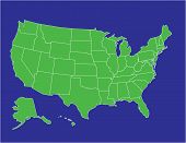 picture of map  - a basic map of the united states of america in green on a blue background - JPG 