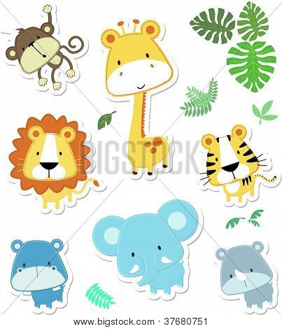 Picture or Photo of Vector cartoon illustration of seven baby animals and jungle leaves, individual objects very easy to edit, ideal for childs decoration