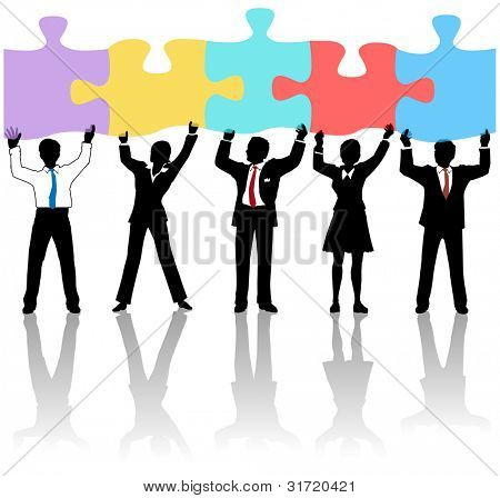 Picture or Photo of Team of business people collaborate holding up jigsaw puzzle pieces as a solution to a problem