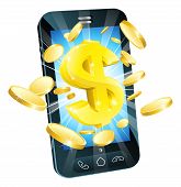 image of money  - Dollar money phone concept illustration of mobile cell phone with gold dollar and coins - JPG 