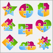 stock photo of puzzle  - Set of different objects made of puzzle pieces - JPG 