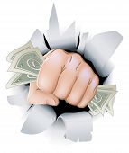picture of money  - A fist full of paper money money dollars smashing through the background or wall - JPG 