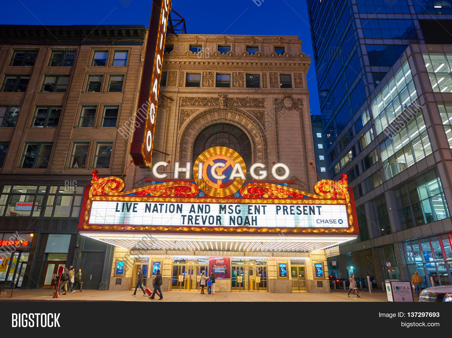 Chicago Architecture At Night il - circa march, 2016: facade of chicago theatre at night time Chicago Architecture At Night il - circa march, 2016: facade of chicago theatre at night time