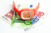 pic of watch  - wristlet watch with banknotes 10 20 and 100 euro on a white backgound - JPG 