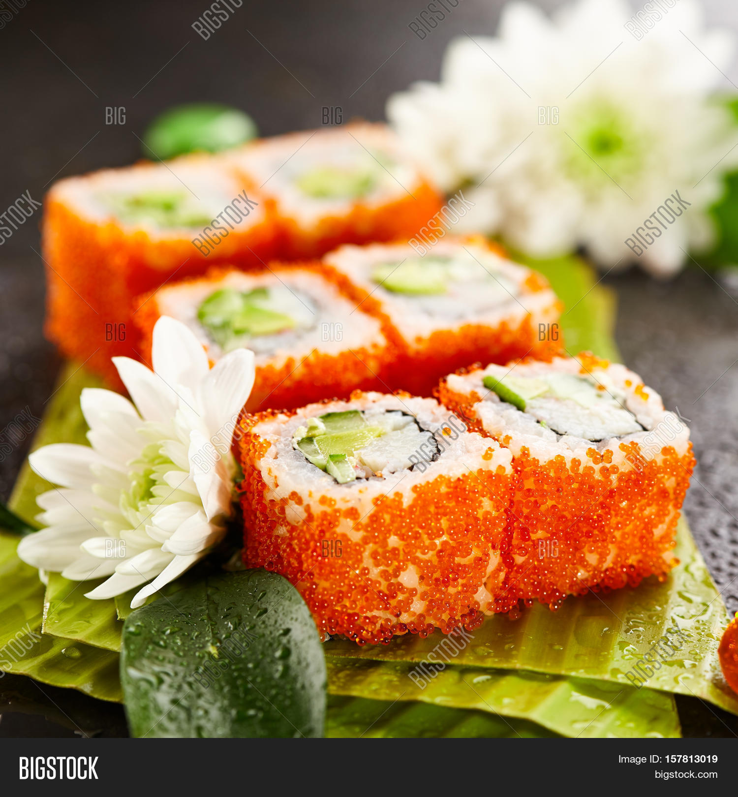 California Maki Sushi with Masago Roll made of Crab Meat, Avocado