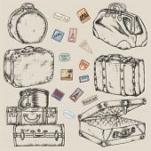picture of latch  - Set of old vintage suitcases and road labels - JPG 
