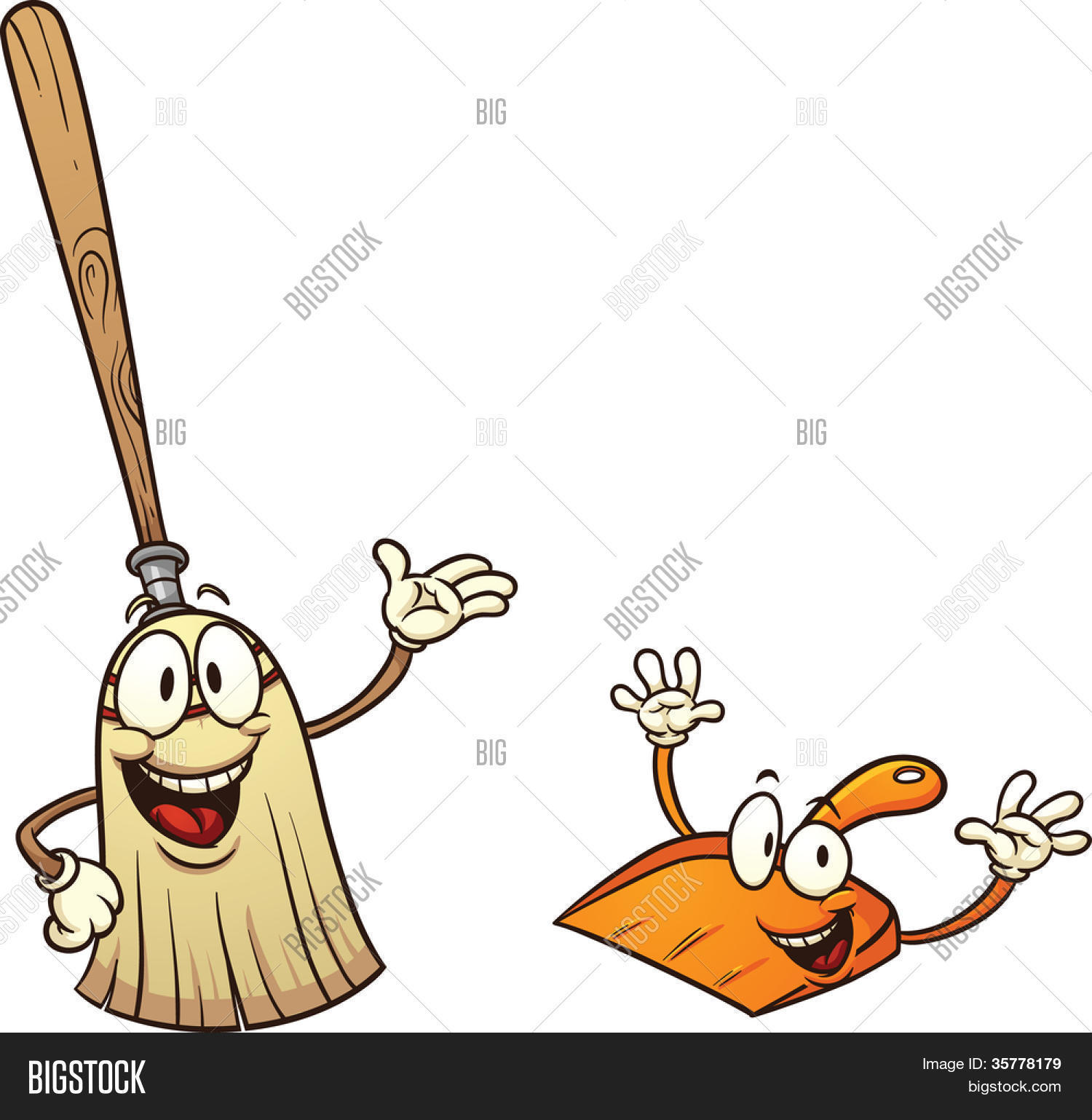 Cute cartoon broom and dustpan. Vector illustration with simple