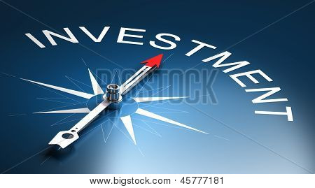 Picture or Photo of Needle of a compass pointing to the word investment 3D Render suitable for financial risk management concept.