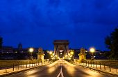 stock photo of bridge  - Night view of the famous Chain Bridge in Budapest Hungary - JPG 