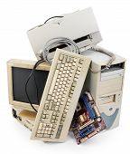 foto of computer  - stack of old and obsolete computer equipment - JPG 