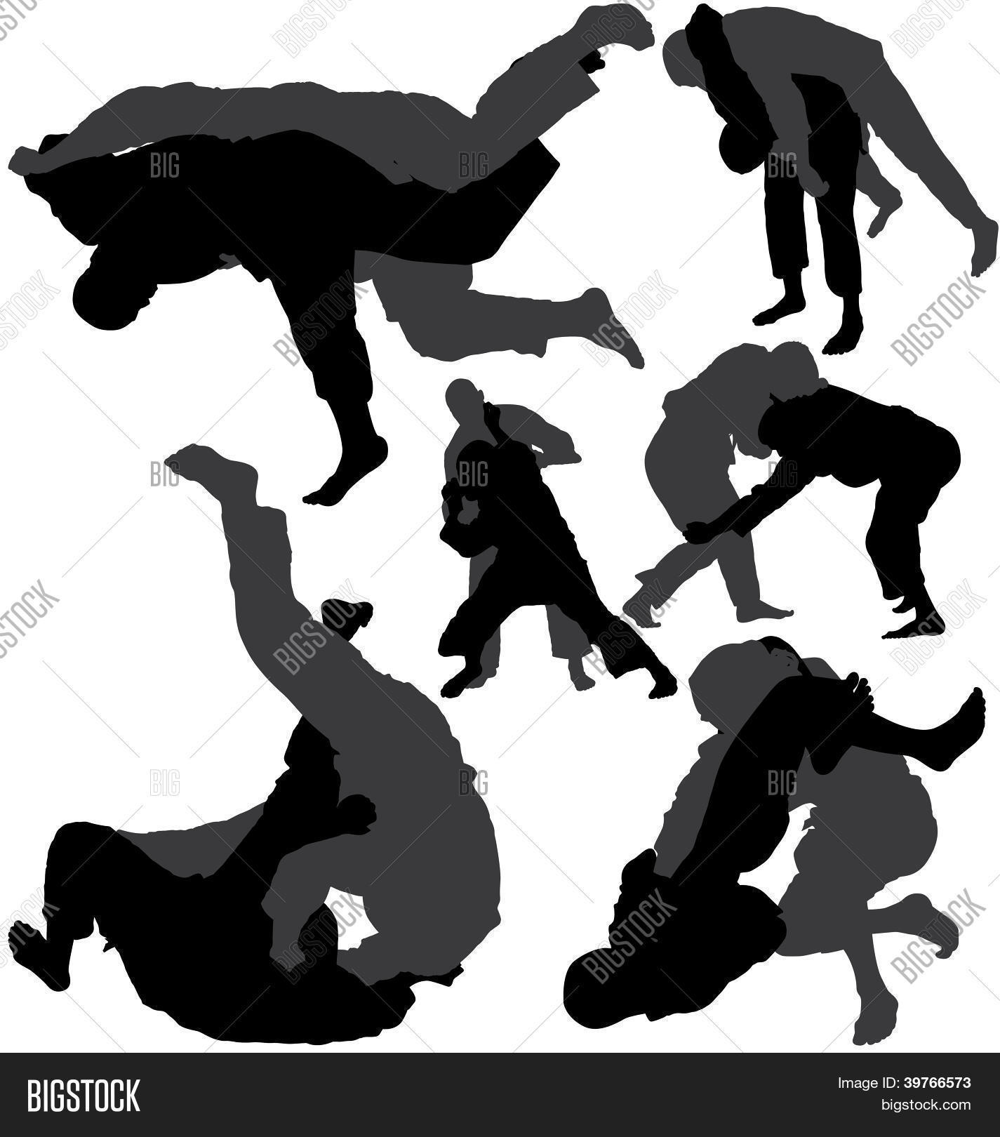 Jiujitsu (jujitsu) and judo wrestlers vector silhouettes Stock Vector