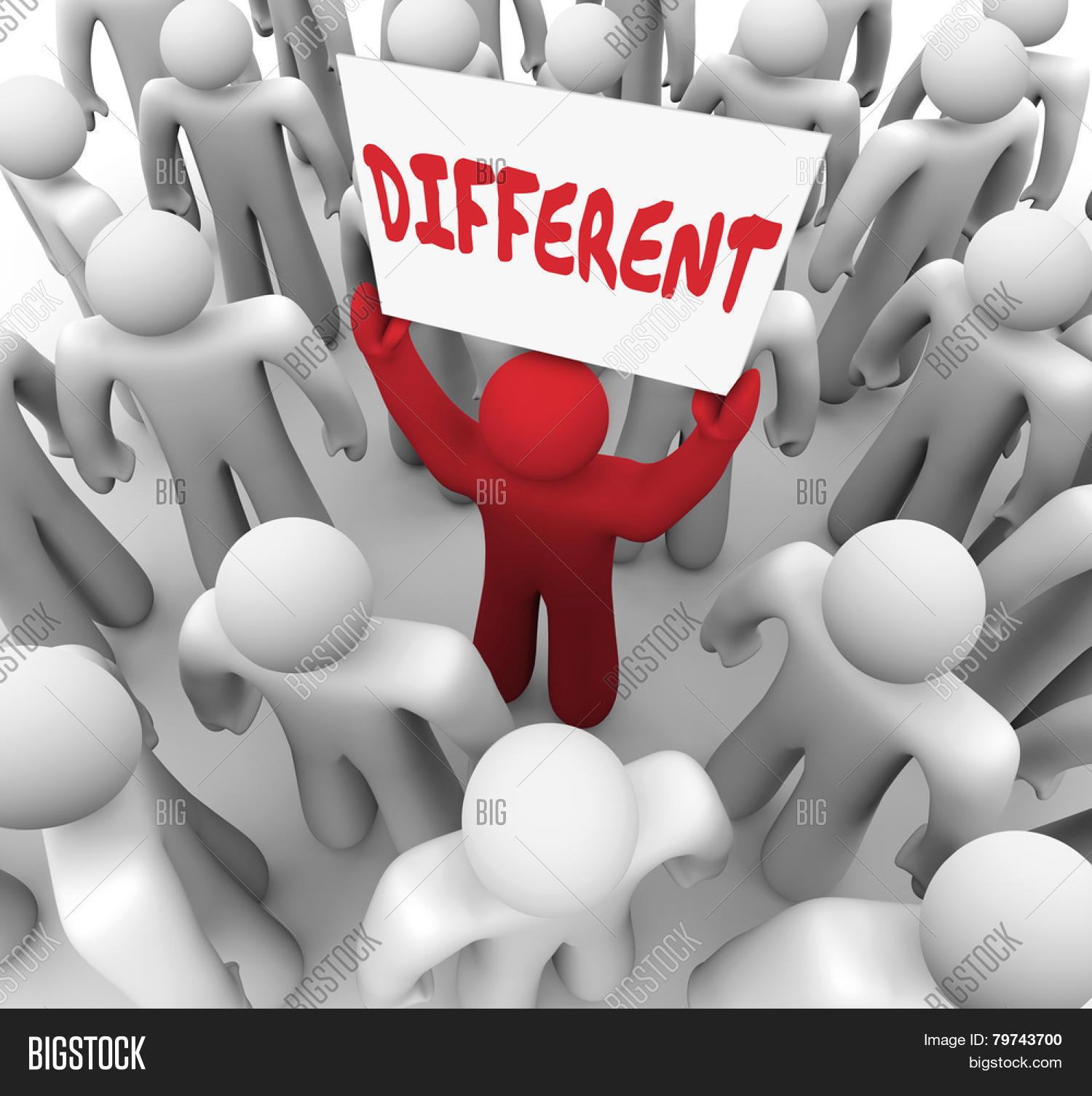 Different word written on a sign held by a red man in a crowd to