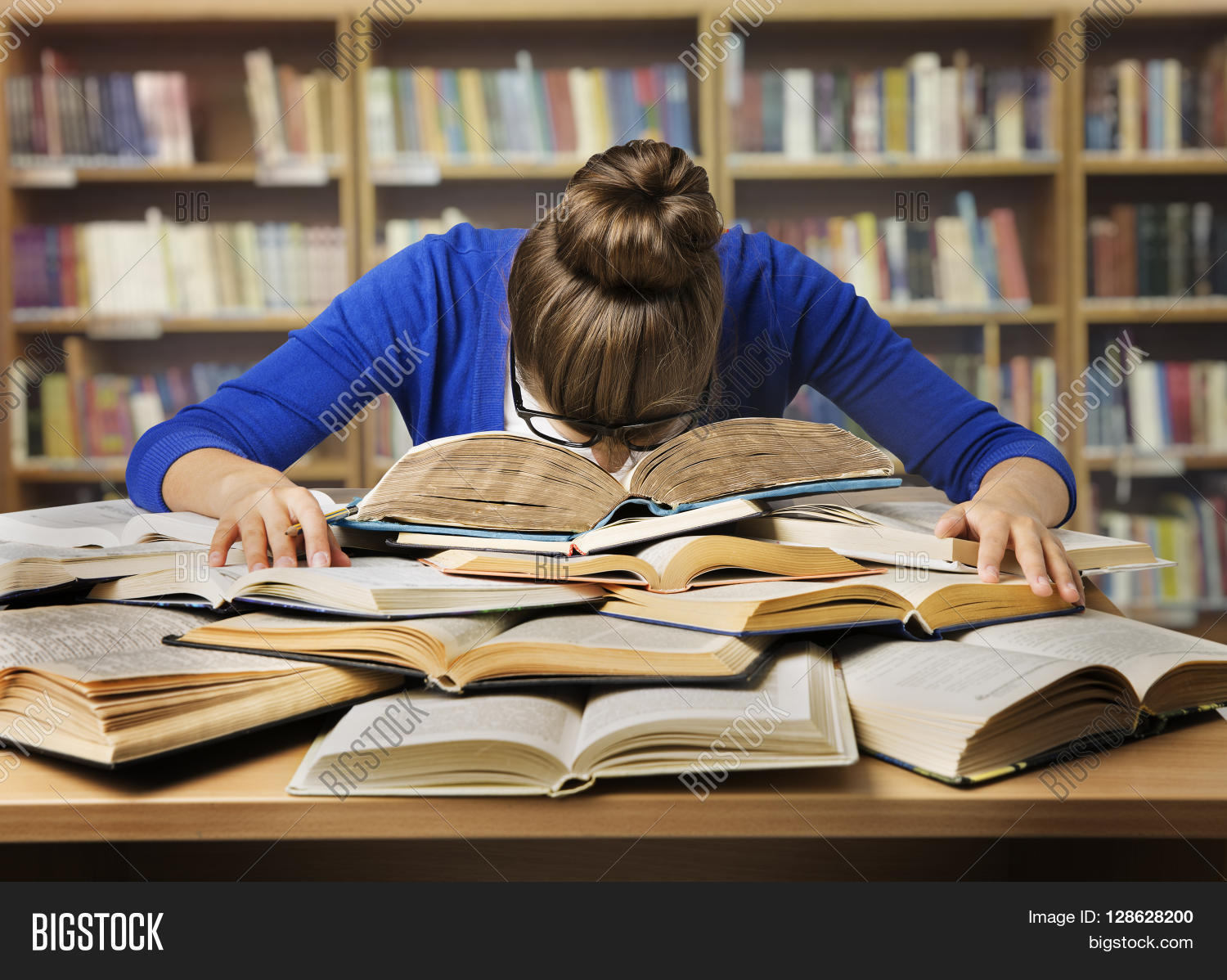 Student Studying Hard Exam and Sleeping on Books Tired Girl Read