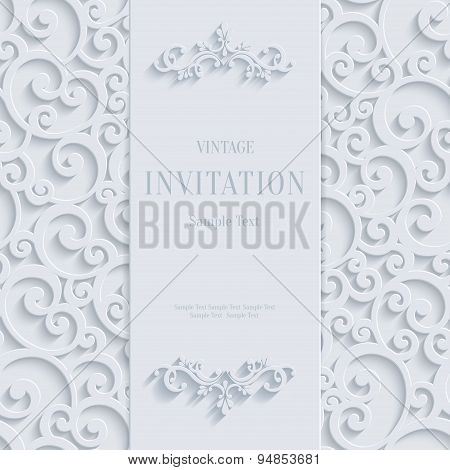 Vector White 3D Vintage Invitation Card With Swirl Damask Pattern