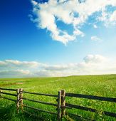 stock photo of blue sky  - Meadow with fence and blue sky - JPG 