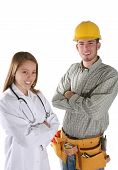 image of construction worker  - A handsome construction worker and a pretty nurse isolated over white - JPG 