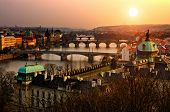 pic of bridge  - Panoramic view on Charles bridge and sunset Prague lights - JPG 
