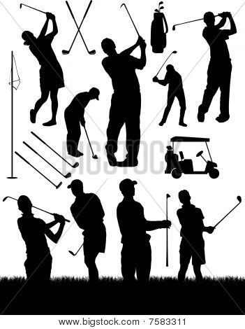 Picture or Photo of Vector golf elements and silhouettes. Golfers, golf club, golf bag, golf cart, etc. Everything golf. Male and female golfers represented