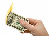 foto of money  - Flaming money in hand isolated on white background - JPG 