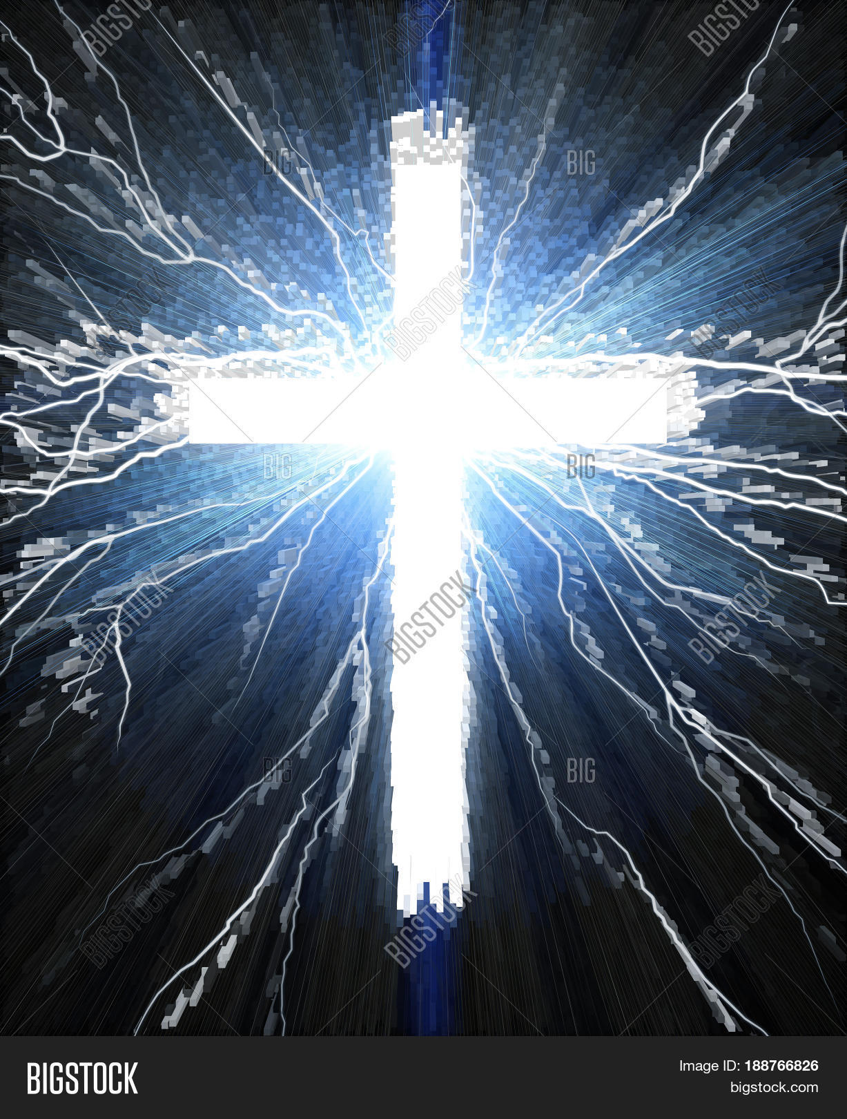 glowing cross on a black background, with radial rays of light Stock
