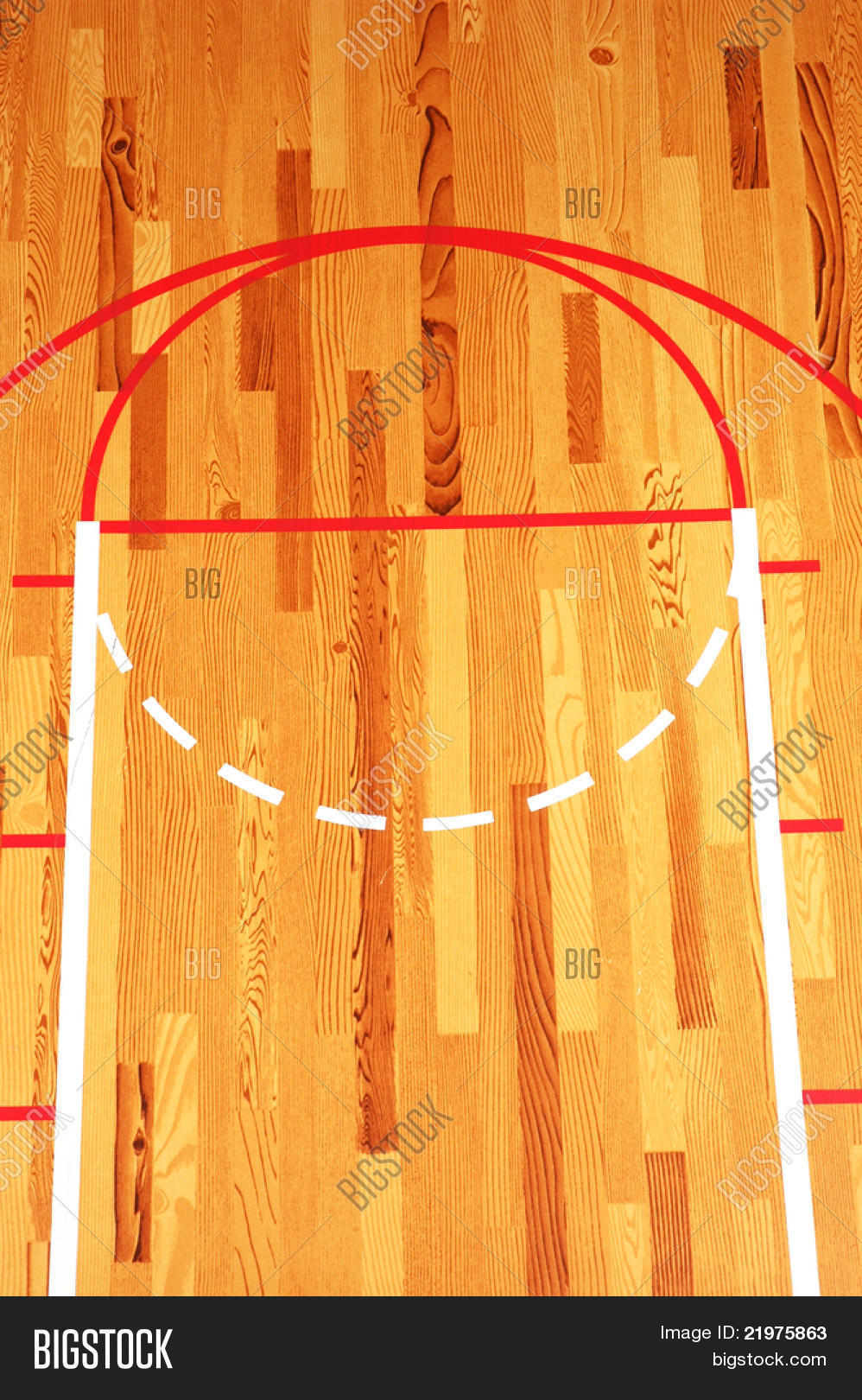Basketball Key painted on hardwood floor in gymnasium Stock Photo